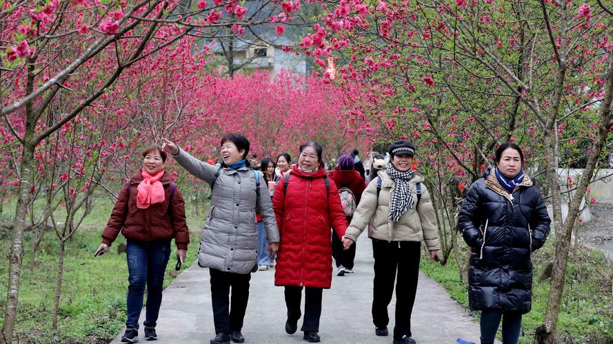 廣西三月三喜慶的日子人們穿著民族盛裝來到南湖公園與桃花拍照